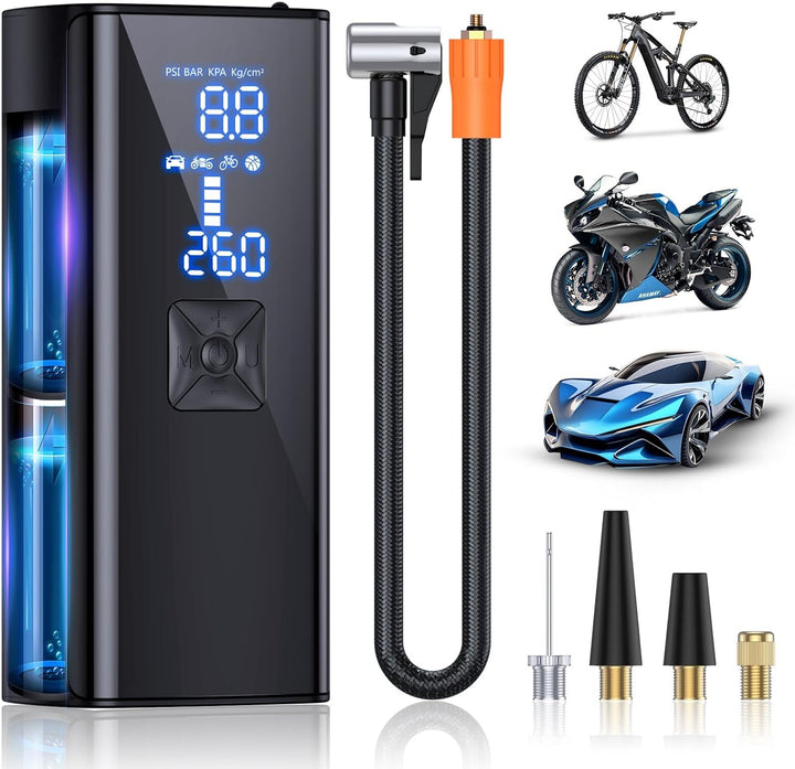 Portable air pump with 25000mAh battery, dual LCD screens, shown inflating tire; ideal for cars and emergencies.