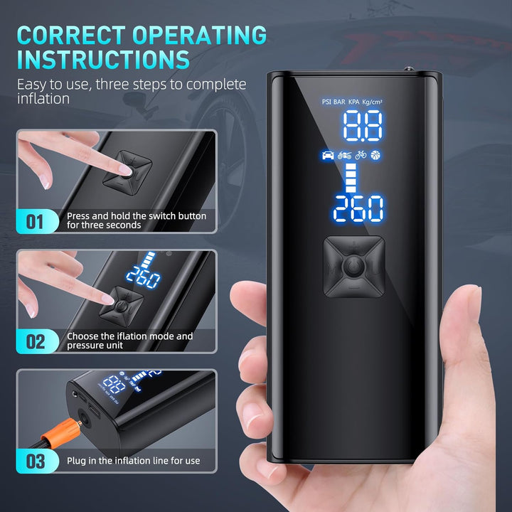 Portable air pump with 25000mAh battery, dual LCD screens, shown inflating tire; ideal for cars and emergencies.