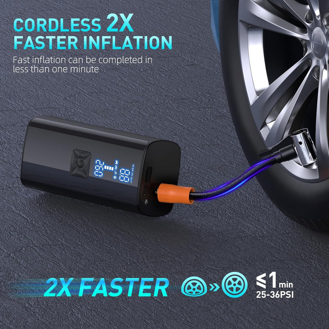 Portable air pump with 25000mAh battery, dual LCD screens, shown inflating tire; ideal for cars and emergencies.