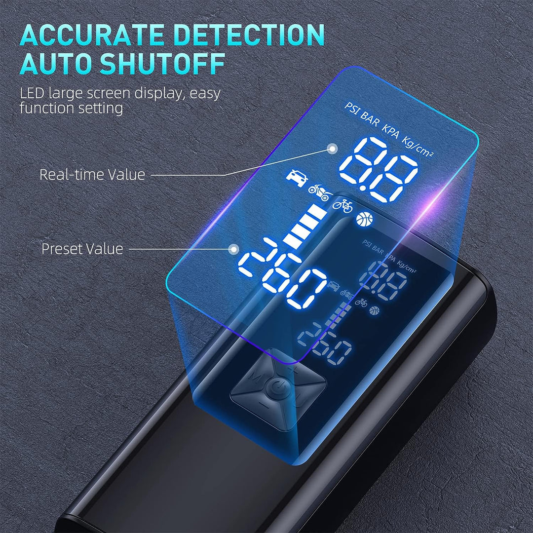 Portable air pump with 25000mAh battery, dual LCD screens, shown inflating tire; ideal for cars and emergencies.