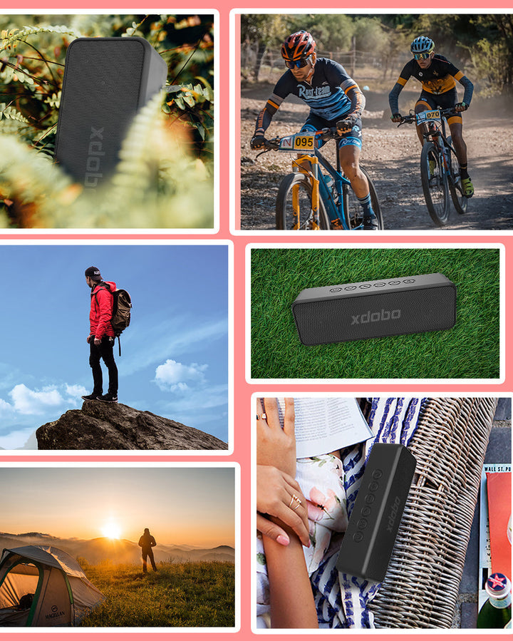 "Portable black waterproof 30W Bluetooth speaker with 4000mAh battery, dual drivers, compact for outdoor use."