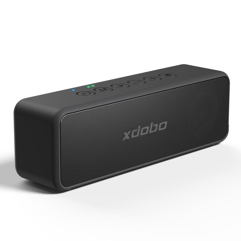 "Portable black waterproof 30W Bluetooth speaker with 4000mAh battery, dual drivers, compact for outdoor use."