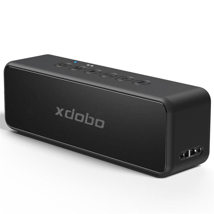 "Portable black waterproof 30W Bluetooth speaker with 4000mAh battery, dual drivers, compact for outdoor use."