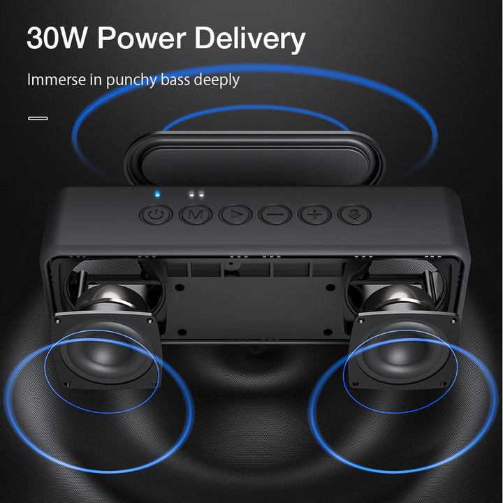 "Portable black waterproof 30W Bluetooth speaker with 4000mAh battery, dual drivers, compact for outdoor use."
