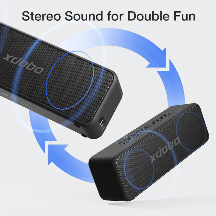 "Portable black waterproof 30W Bluetooth speaker with 4000mAh battery, dual drivers, compact for outdoor use."