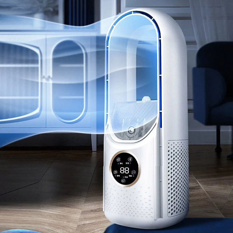Portable blade-free silent air conditioner, blue and white, compact design, USB powered, cools rooms up to 20 m² quietly.
