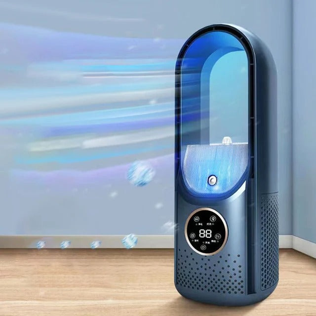 Portable blade-free silent air conditioner, blue and white, compact design, USB powered, cools rooms up to 20 m² quietly.