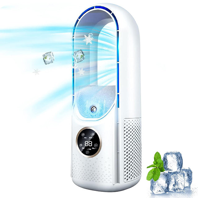 Portable blade-free silent air conditioner, blue and white, compact design, USB powered, cools rooms up to 20 m² quietly.