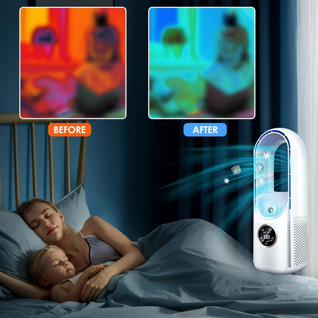 Portable blade-free silent air conditioner, blue and white, compact design, USB powered, cools rooms up to 20 m² quietly.