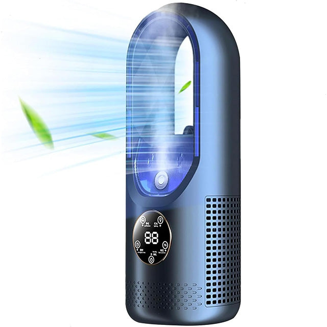 Portable blade-free silent air conditioner, blue and white, compact design, USB powered, cools rooms up to 20 m² quietly.