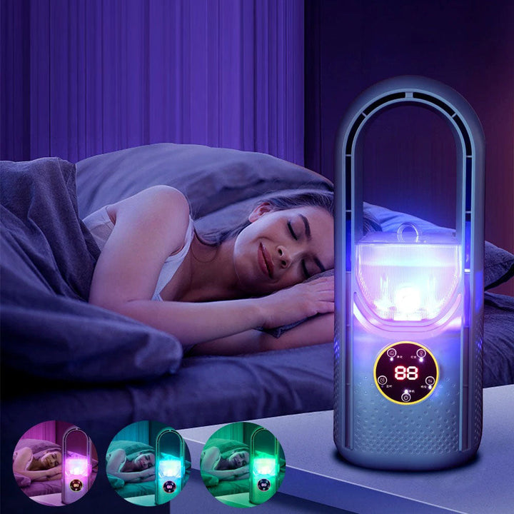 Portable blade-free silent air conditioner, blue and white, compact design, USB powered, cools rooms up to 20 m² quietly.