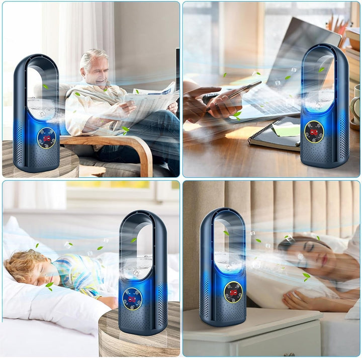 Portable blade-free silent air conditioner, blue and white, compact design, USB powered, cools rooms up to 20 m² quietly.