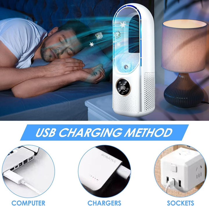 Portable blade-free silent air conditioner, blue and white, compact design, USB powered, cools rooms up to 20 m² quietly.