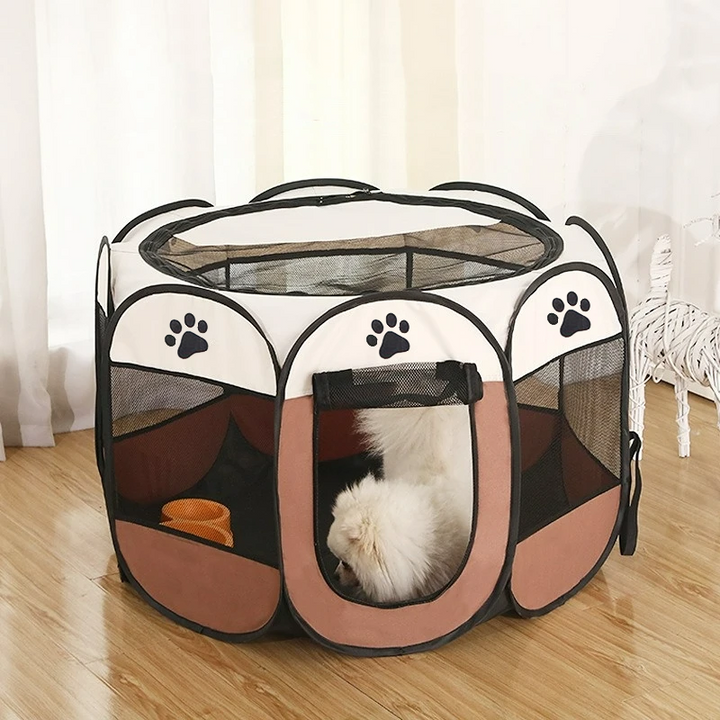 "Portable brown paw-print PupTent for dogs, featuring a lightweight, foldable design for indoor and outdoor use."