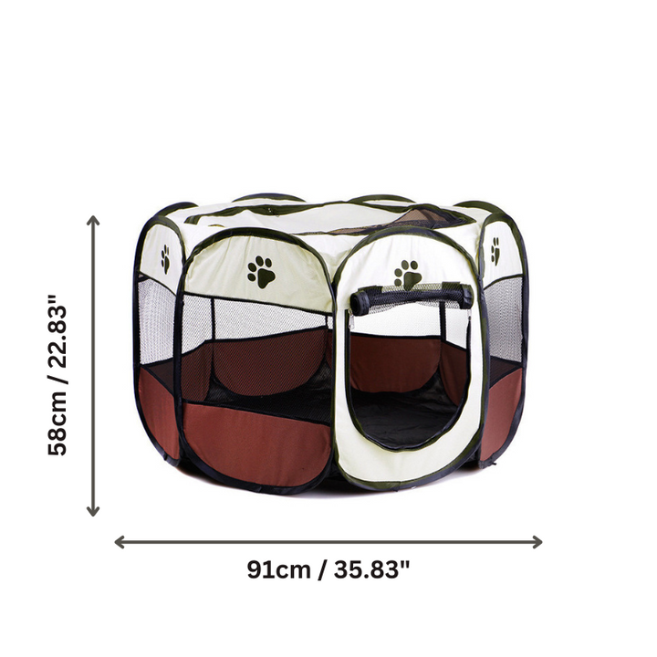 "Portable brown paw-print PupTent for dogs, featuring a lightweight, foldable design for indoor and outdoor use."