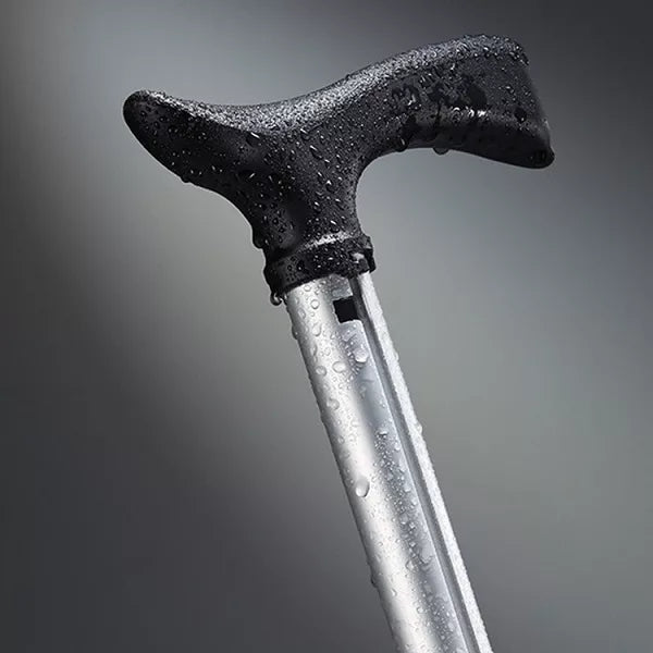 "Portable folding walking cane with seat, lightweight aluminum frame, tripod base, ergonomic handle for stability and comfort