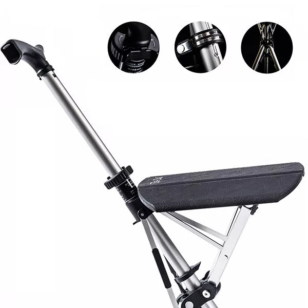 "Portable folding walking cane with seat, lightweight aluminum frame, tripod base, ergonomic handle for stability and comfort