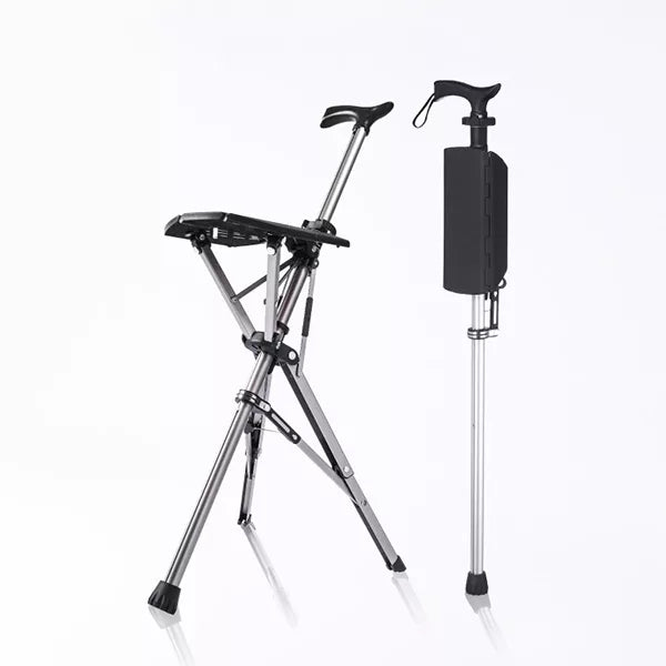 "Portable folding walking cane with seat, lightweight aluminum frame, tripod base, ergonomic handle for stability and comfort