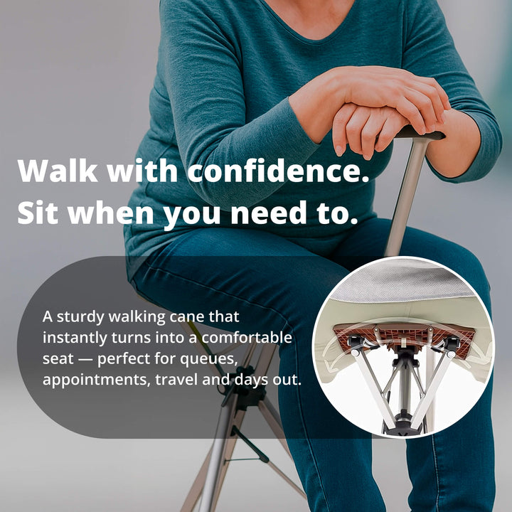 "Portable folding walking cane with seat, lightweight aluminum frame, tripod base, ergonomic handle for stability and comfort