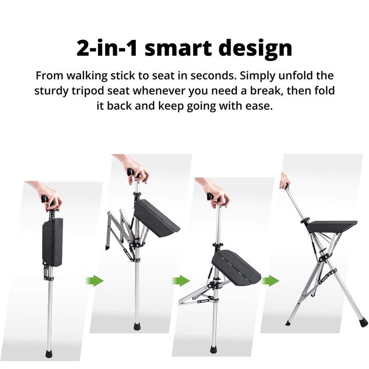 "Portable folding walking cane with seat, lightweight aluminum frame, tripod base, ergonomic handle for stability and comfort