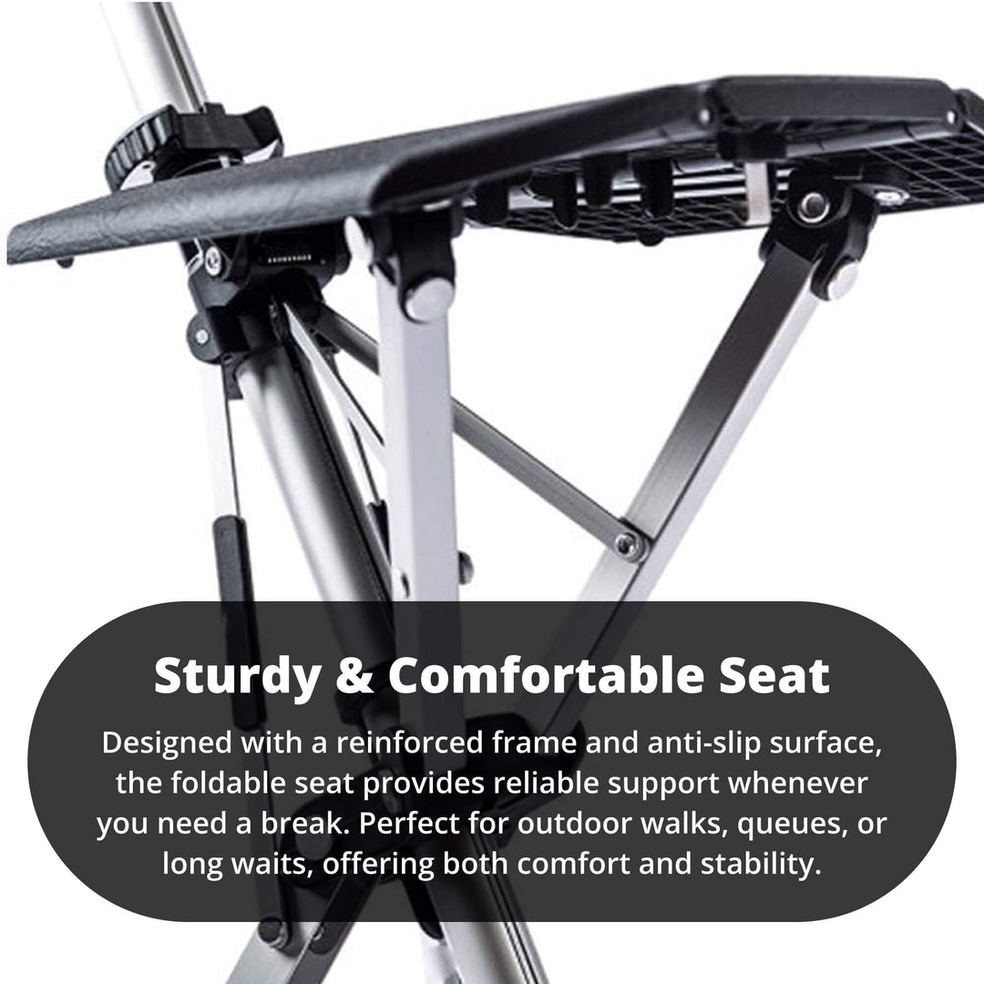 "Portable folding walking cane with seat, lightweight aluminum frame, tripod base, ergonomic handle for stability and comfort
