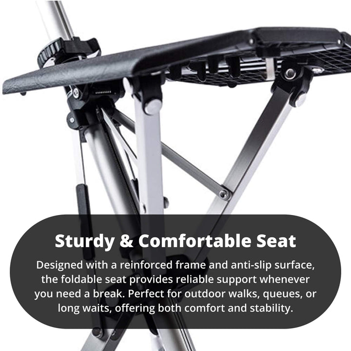 "Portable folding walking cane with seat, lightweight aluminum frame, tripod base, ergonomic handle for stability and comfort