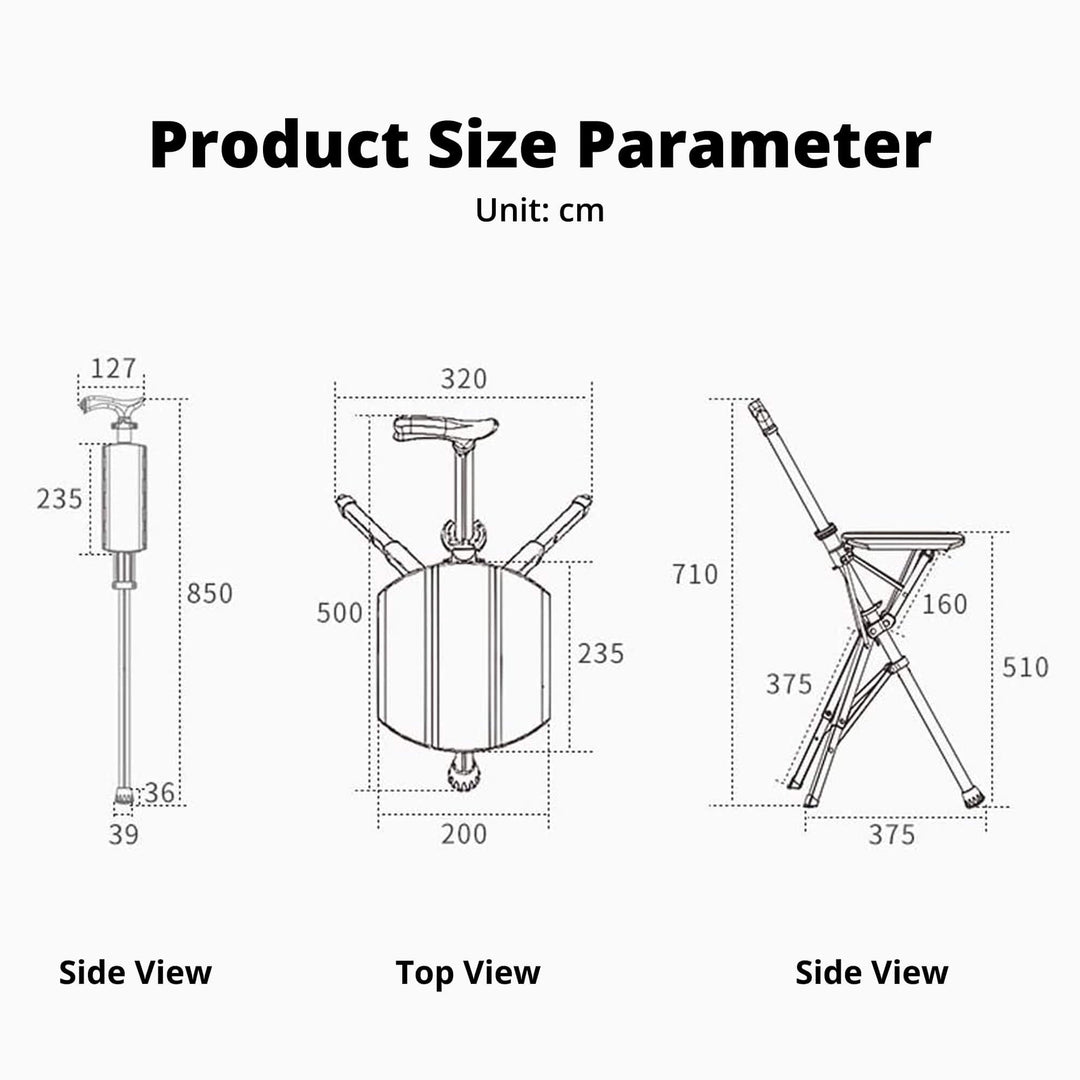 "Portable folding walking cane with seat, lightweight aluminum frame, tripod base, ergonomic handle for stability and comfort