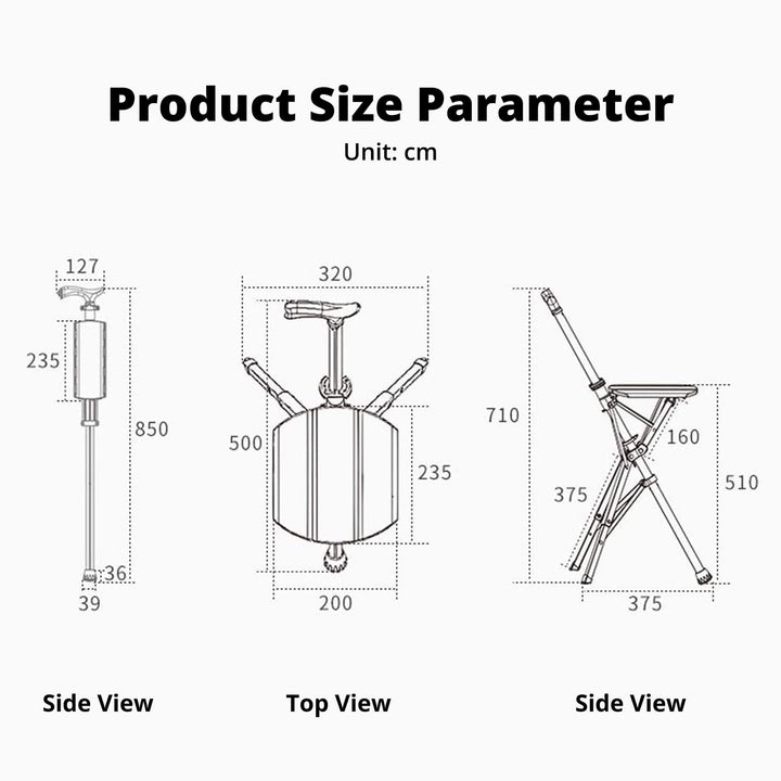 "Portable folding walking cane with seat, lightweight aluminum frame, tripod base, ergonomic handle for stability and comfort