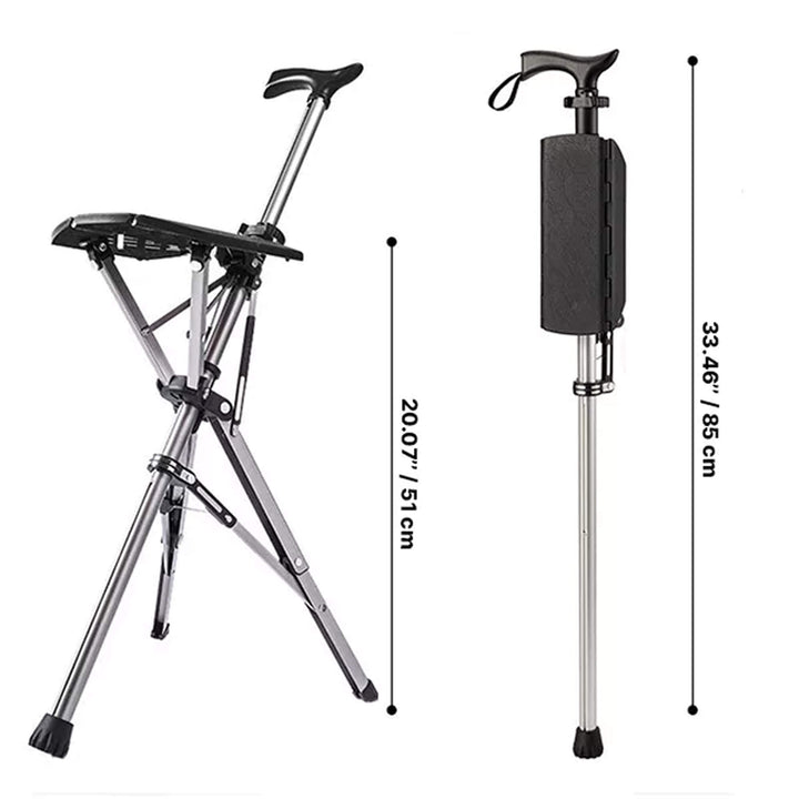 "Portable folding walking cane with seat, lightweight aluminum frame, tripod base, ergonomic handle for stability and comfort