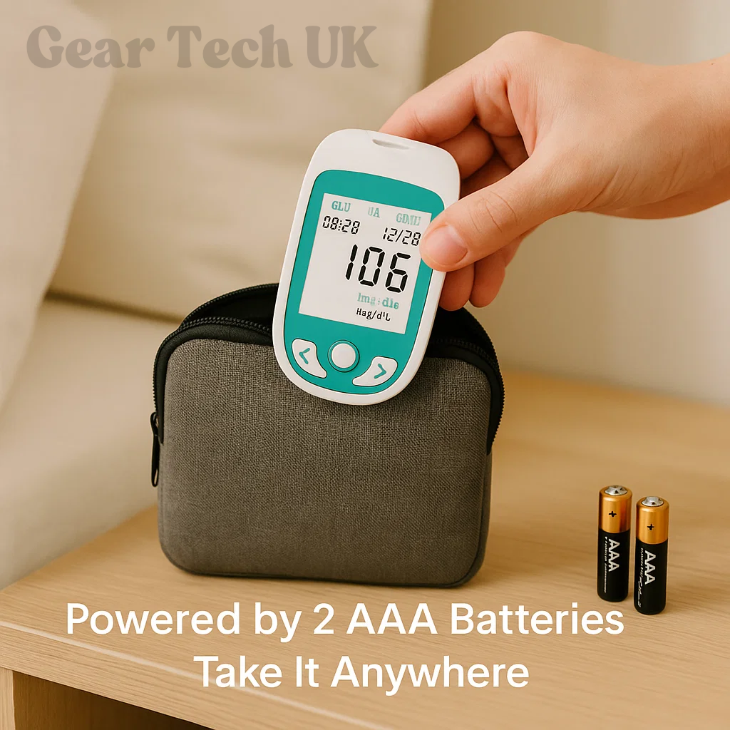 "Portable Home Cholesterol Test Kit with Uric Acid & Glucose Meter, compact multifunctional analyzer for quick health checks.