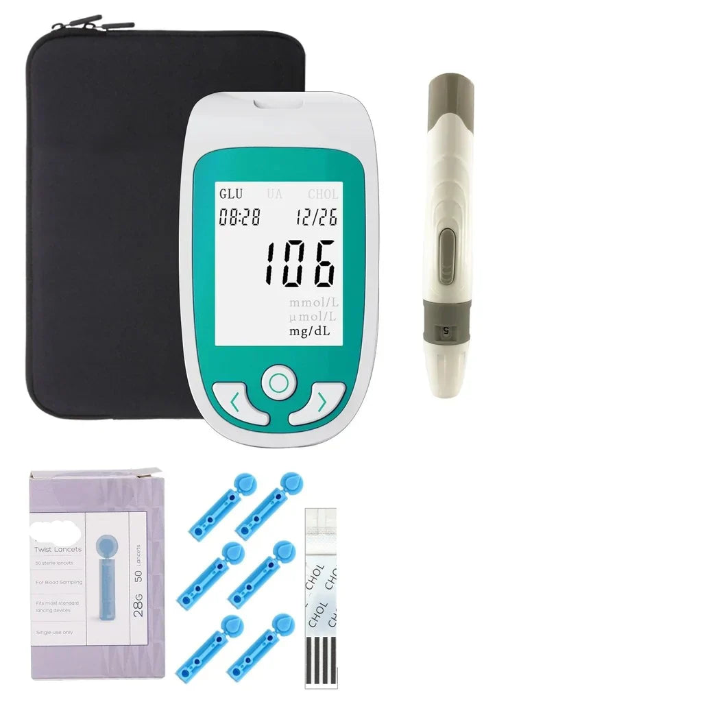 "Portable Home Cholesterol Test Kit with Uric Acid & Glucose Meter, compact multifunctional analyzer for quick health checks.