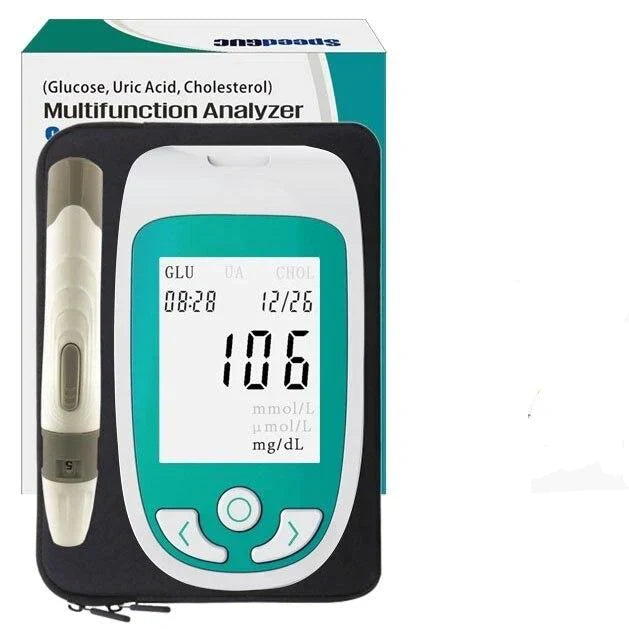 "Portable Home Cholesterol Test Kit with Uric Acid & Glucose Meter, compact multifunctional analyzer for quick health checks.