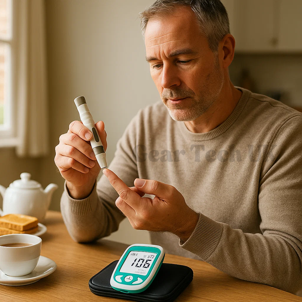 "Portable Home Cholesterol Test Kit with Uric Acid & Glucose Meter, compact multifunctional analyzer for quick health checks.