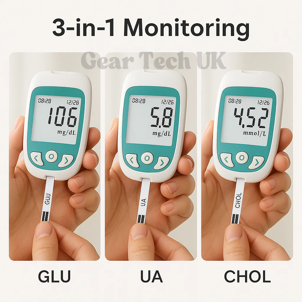 "Portable Home Cholesterol Test Kit with Uric Acid & Glucose Meter, compact multifunctional analyzer for quick health checks.