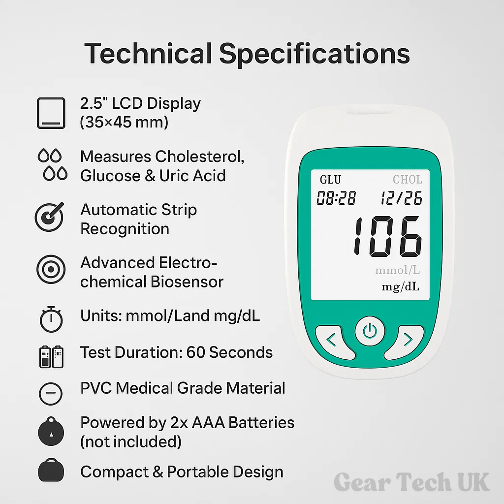 "Portable Home Cholesterol Test Kit with Uric Acid & Glucose Meter, compact multifunctional analyzer for quick health checks.