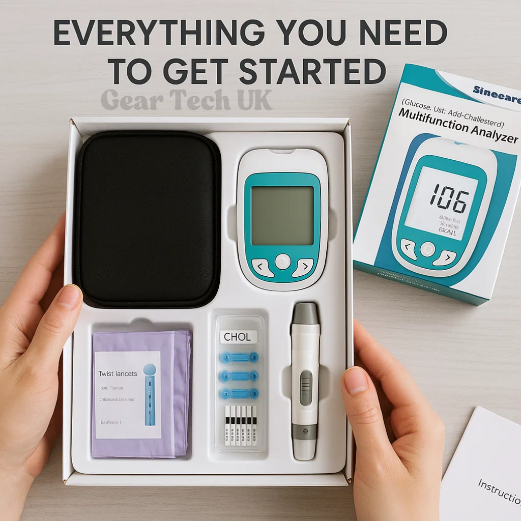 "Portable Home Cholesterol Test Kit with Uric Acid & Glucose Meter, compact multifunctional analyzer for quick health checks.