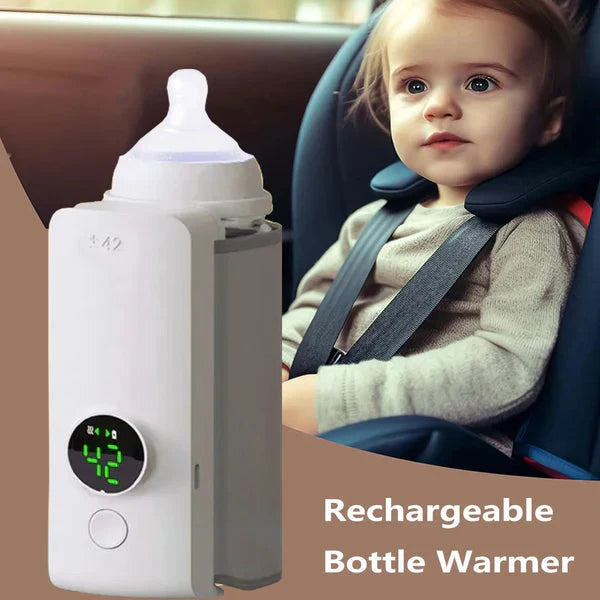"Portable rechargeable baby bottle warmer with digital display, compact design, BPA-free, USB charging, perfect temperature."