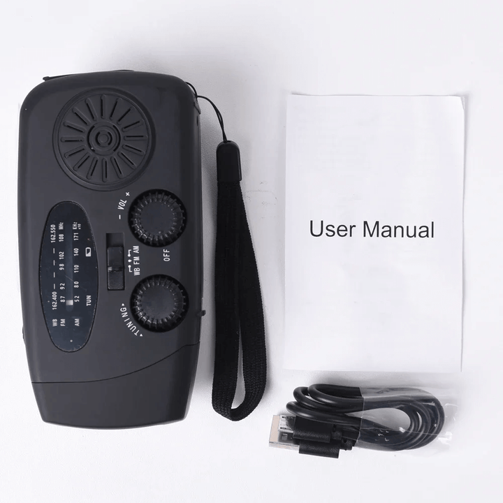 "Portable wind-up radio with LED flashlight and power bank, compact design, suitable for AM/FM/weather alerts and emergencies