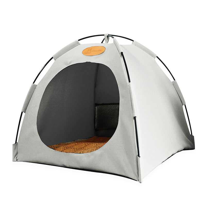Premium cat cooling tent with rattan mat, beige, features soft padding and eco-friendly materials for feline comfort.