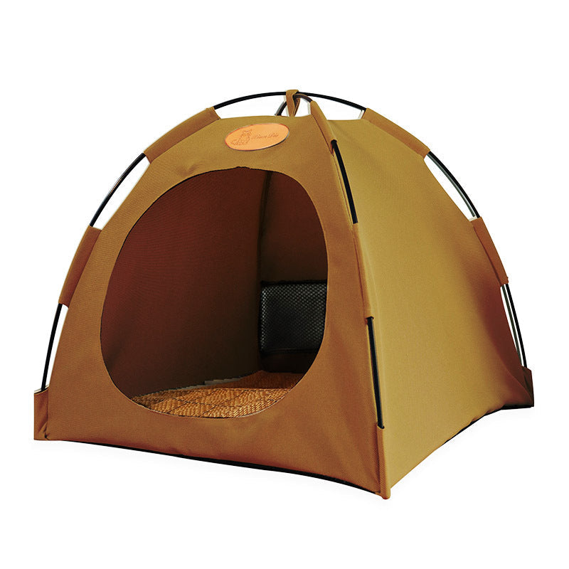 Premium cat cooling tent with rattan mat, beige, features soft padding and eco-friendly materials for feline comfort.