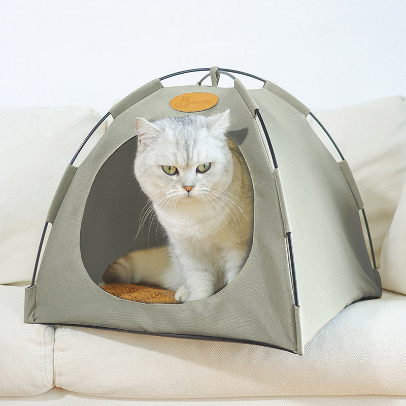 Premium cat cooling tent with rattan mat, beige, features soft padding and eco-friendly materials for feline comfort.
