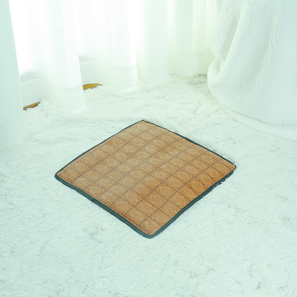 Premium cat cooling tent with rattan mat, beige, features soft padding and eco-friendly materials for feline comfort.