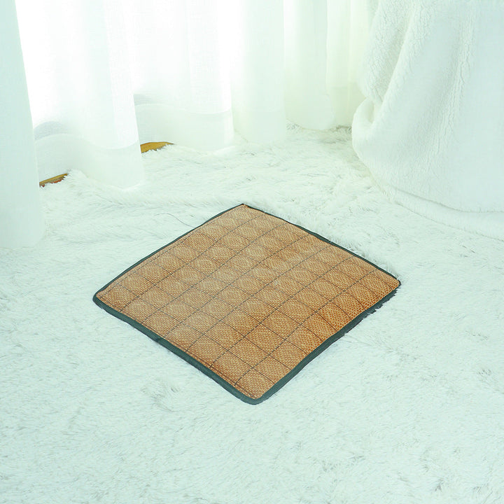 Premium cat cooling tent with rattan mat, beige, features soft padding and eco-friendly materials for feline comfort.