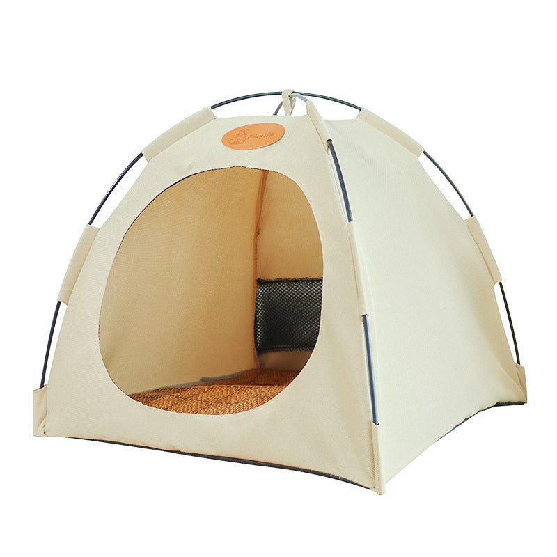 Premium cat cooling tent with rattan mat, beige, features soft padding and eco-friendly materials for feline comfort.