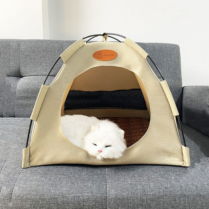Premium cat cooling tent with rattan mat, beige, features soft padding and eco-friendly materials for feline comfort.