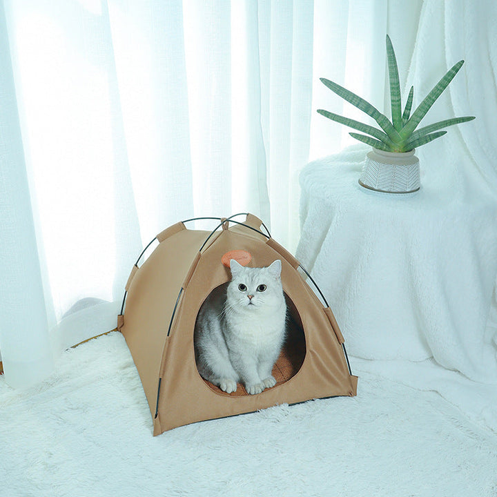 Premium cat cooling tent with rattan mat, beige, features soft padding and eco-friendly materials for feline comfort.