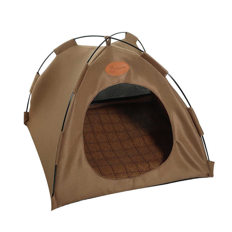 Premium cat cooling tent with rattan mat, beige, features soft padding and eco-friendly materials for feline comfort.