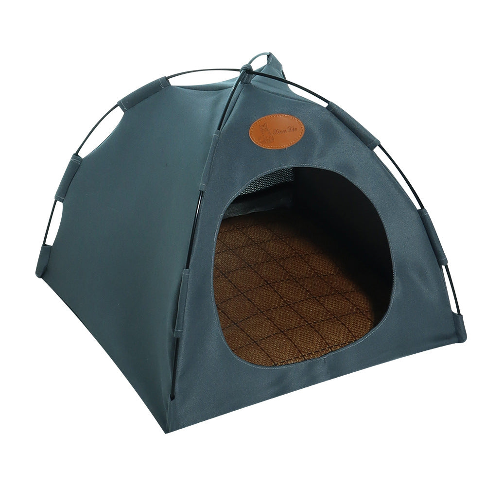 Premium cat cooling tent with rattan mat, beige, features soft padding and eco-friendly materials for feline comfort.