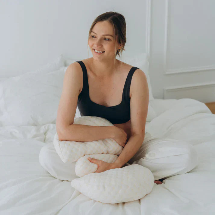 "Premium maternity body pillow with cotton cover, ergonomic design, full-body support for comfort and alignment, hypoallergen