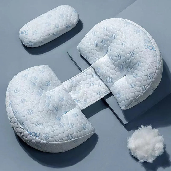 "Premium maternity body pillow with cotton cover, ergonomic design, full-body support for comfort and alignment, hypoallergen